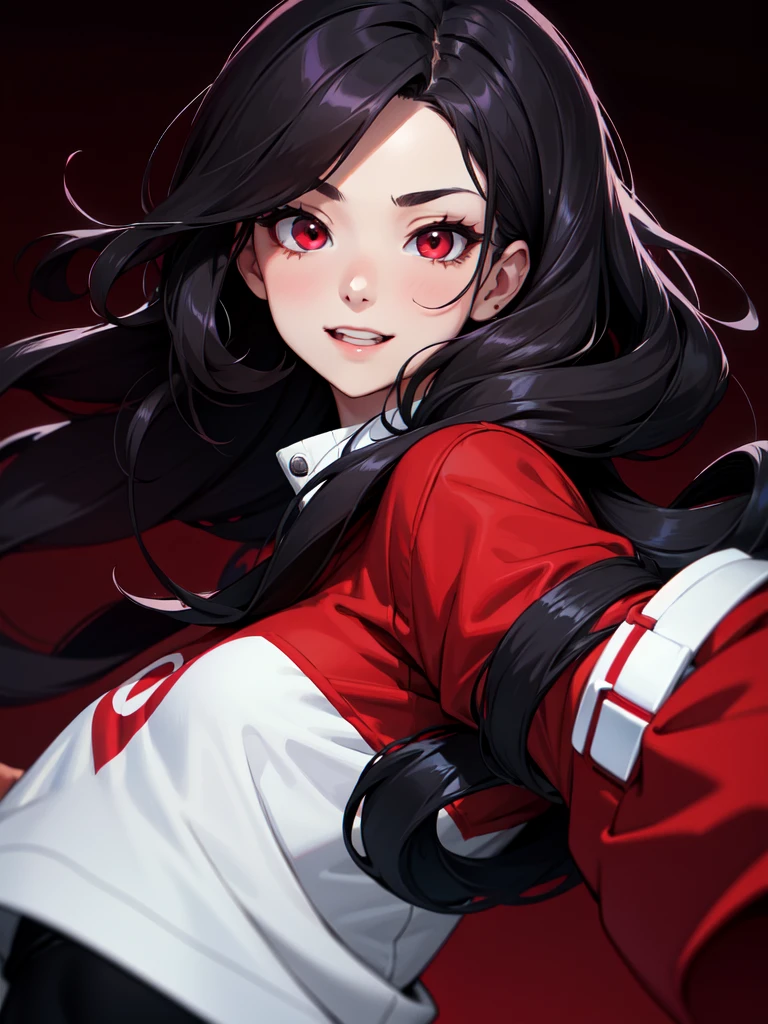 (((Portrait Photo))), She is a Young Girl with a Small, Athletic Build, and a Youthful Charm. She has Long, Wavy, Black Hair, Styled in Loose Waves that Flow Wildly. Her Intense Red Eyes Express a Silly and Happy Look, Giving Off a Childish and Immature Attitude. She Usually Wears an Oversized, Baggy Red Cropped Sweatshirt. (((High Quality, Dark Background))), (((Portrait Photo)))