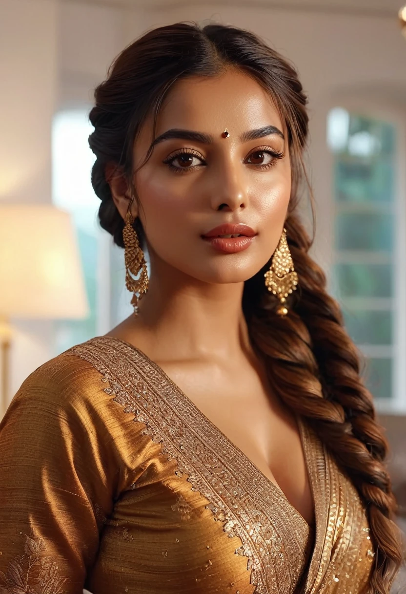 (best quality,4k,highres,masterpiece:1.2),ultra-detailed,(realistic:1.37),(beautiful:1.1) brown-eyed woman with long braid hair and a medium stature, wearing casual and sexy clothes, standing gracefully in a well-lit living room. The room is furnished with modern and elegant furniture, giving a luxurious atmosphere. The woman's beautiful face is detailed, with captivating eyes that shine with brown color. Her lips are full and luscious, adding to her sensual appeal. She exudes confidence and elegance as she poses, showcasing her entire body. The lighting in the room highlights her beautiful brown skin, giving it a warm and radiant glow. The overall scene has vivid colors and sharp focus, creating a realistic and photorealistic image.wearing saree, looking so sexy, 4k, glossy lips 
