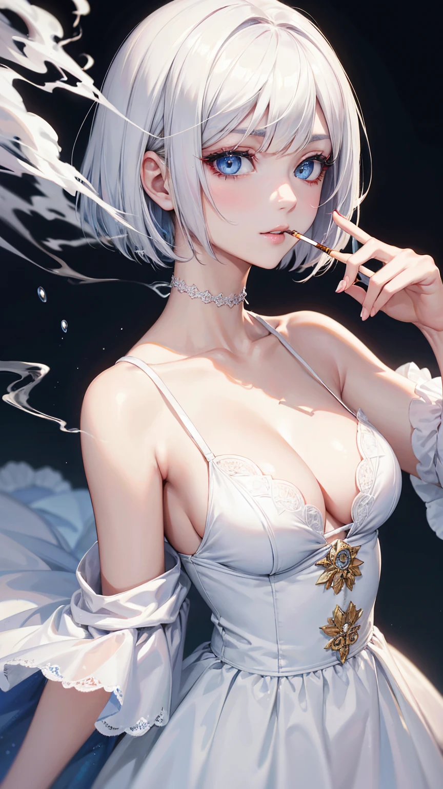 High resolution, Highest quality, super high quality, Ultra-detailed, Woman smoking a cigarette Bob cut、White Hair、Blue eyes、Beautiful Skin、Beautiful Face、Beautiful Eyes