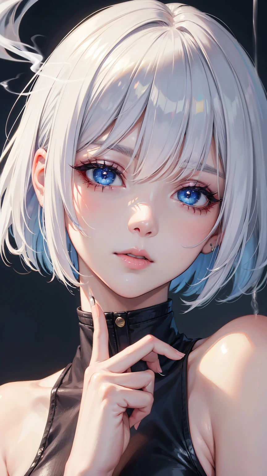 High resolution, Highest quality, super high quality, Ultra-detailed, Woman smoking a cigarette Bob cut、White Hair、Blue eyes、Beautiful Skin、Beautiful Face、Beautiful Eyes