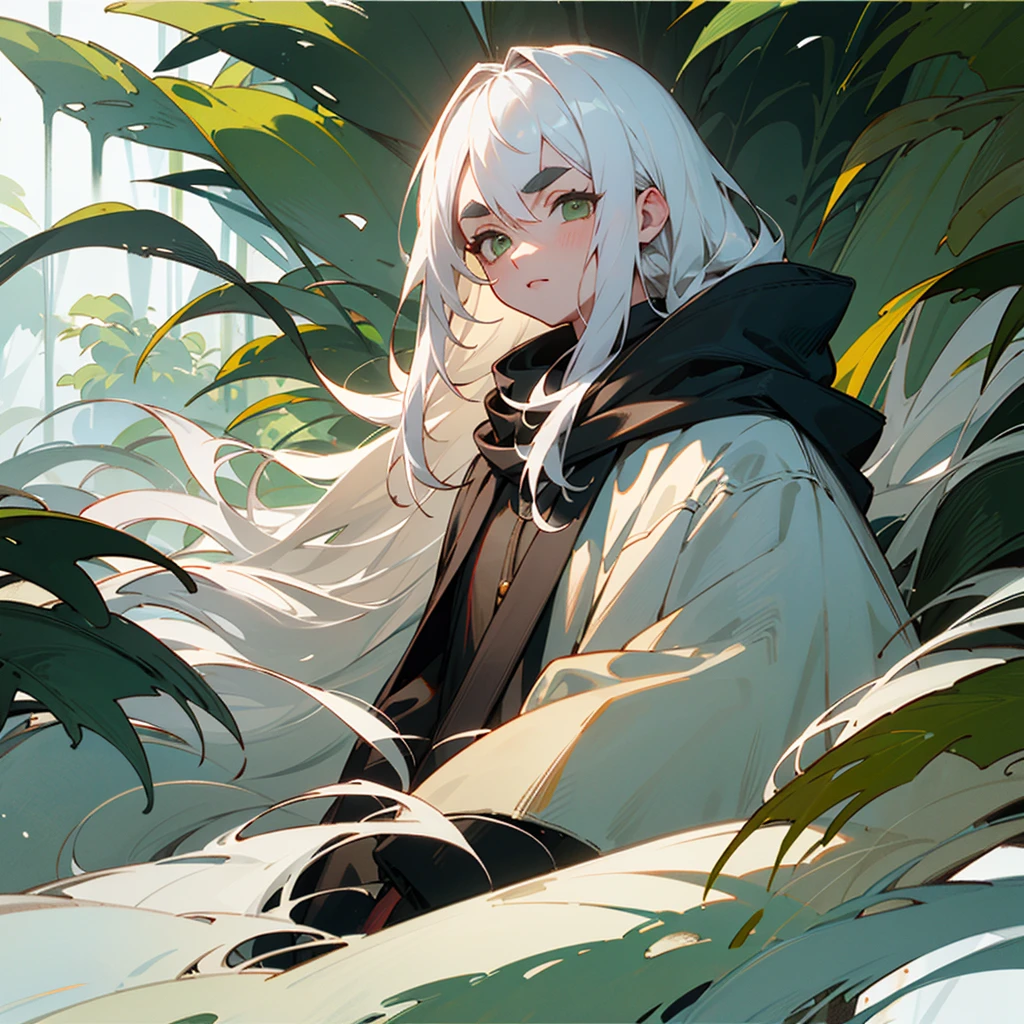 ((best qualityer)), ((work of art)), (detailded), 1 elfo, wearing black overcoat with hood, long  hair, white  hair, gray green eyes, bushy eyebrows, dense jungle background
