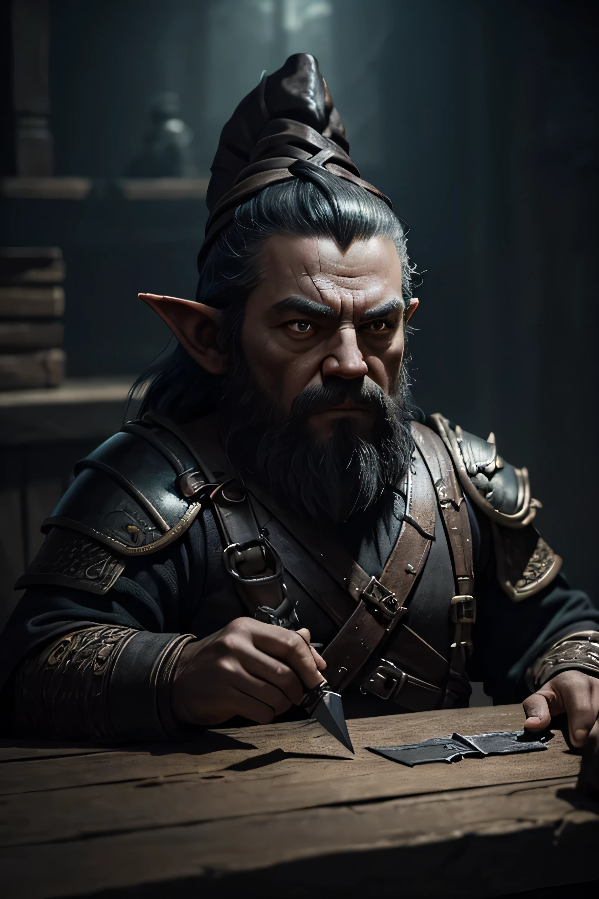 dnd gnome assassin, dark and gritty, detailed facial features, tiny body, intense expression, leather armor, daggers, moody lighting, cinematic, dramatic, high quality, 8k, hyper realistic, award winning digital art