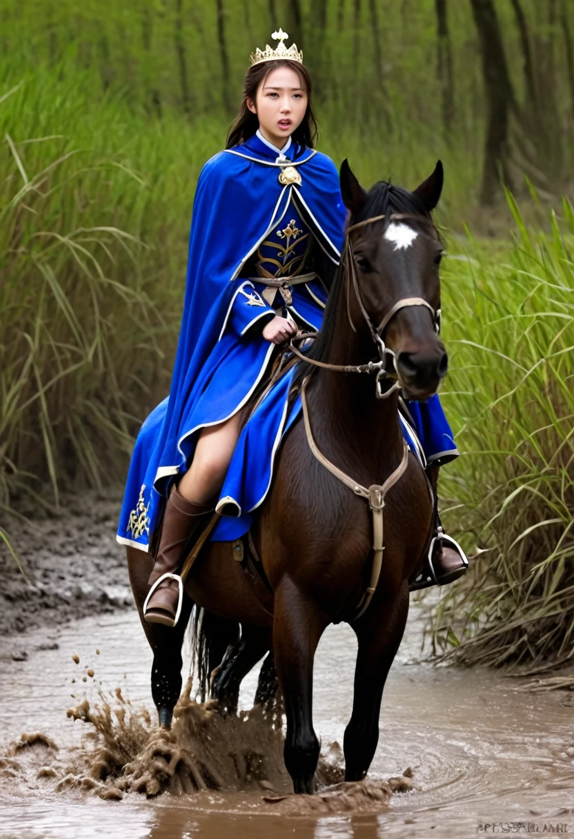(((masterpiece))),(((Highest quality))),((Tabletop:1.4, Highest quality)), (Realな写真:1.4), in the muddy river,dirty swamp,horse ridden by girl fall over swamp,Sweaty girl,
((1 cute girl knight)),rodeo,horse standing,Surprised face,stumble,aggressive,slouch,horse standing, prancing horse in pitfall,cute,Napoléon horse sliped in pitfall,in the pitfall,Uplifting,Knight Princess,
(超High resolution:1.2),, wonderful, Very detailed CG Unity 8k wallpaper, Very detailed, High resolution,fat horse ridden by japanese girl,Double,Royal blue armor, cape and crown,Soaking in the swamp,Mud Splash,
Soft Light, Beautiful detailed girl, Droopy eyes,Very detailedな目と顔, Beautiful and exquisite nose, Beautiful and exquisite,  horse ridden by a girl can't stand up because its drowned in the sticky muddy pitfall:10.0 ,Displeased face:4.0,Real,Stir,Anatomically correct,action horse riding scene while struggle fighting