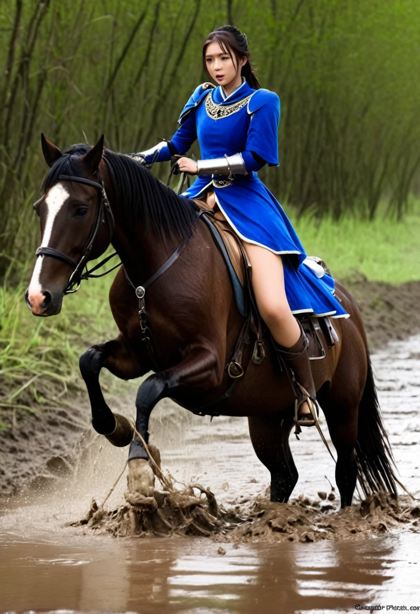 (((masterpiece))),(((Highest quality))),((Tabletop:1.4, Highest quality)), (Realな写真:1.4), in the muddy river,dirty swamp,horse ridden by girl fall over swamp,Sweaty girl,
((1 cute girl knight)),rodeo,horse standing,Surprised face,stumble,aggressive,slouch,horse standing, prancing horse in pitfall,cute,Napoléon horse sliped in pitfall,in the pitfall,Uplifting,Knight Princess,
(超High resolution:1.2),, wonderful, Very detailed CG Unity 8k wallpaper, Very detailed, High resolution,fat horse ridden by japanese girl,Double,Royal blue armor, cape and crown,Soaking in the swamp,Mud Splash,
Soft Light, Beautiful detailed girl, Droopy eyes,Very detailedな目と顔, Beautiful and exquisite nose, Beautiful and exquisite, horse ridden by a girl can't stand up because its drowned in the sticky muddy pitfall:10.0 ,Displeased face:4.0,Real,Stir,Anatomically correct,action horse riding scene while struggle fighting