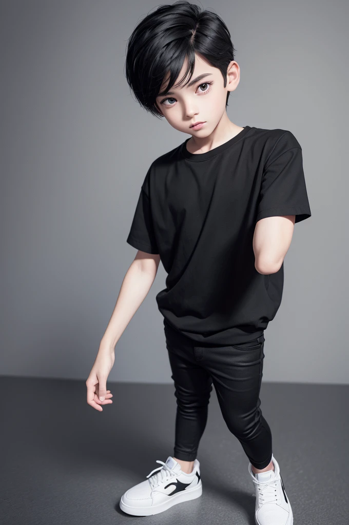 Create cartoon of a boy with black hair black shirt black pants black shoes the boy will be holding a smartphone white background 3D cartoon high quality