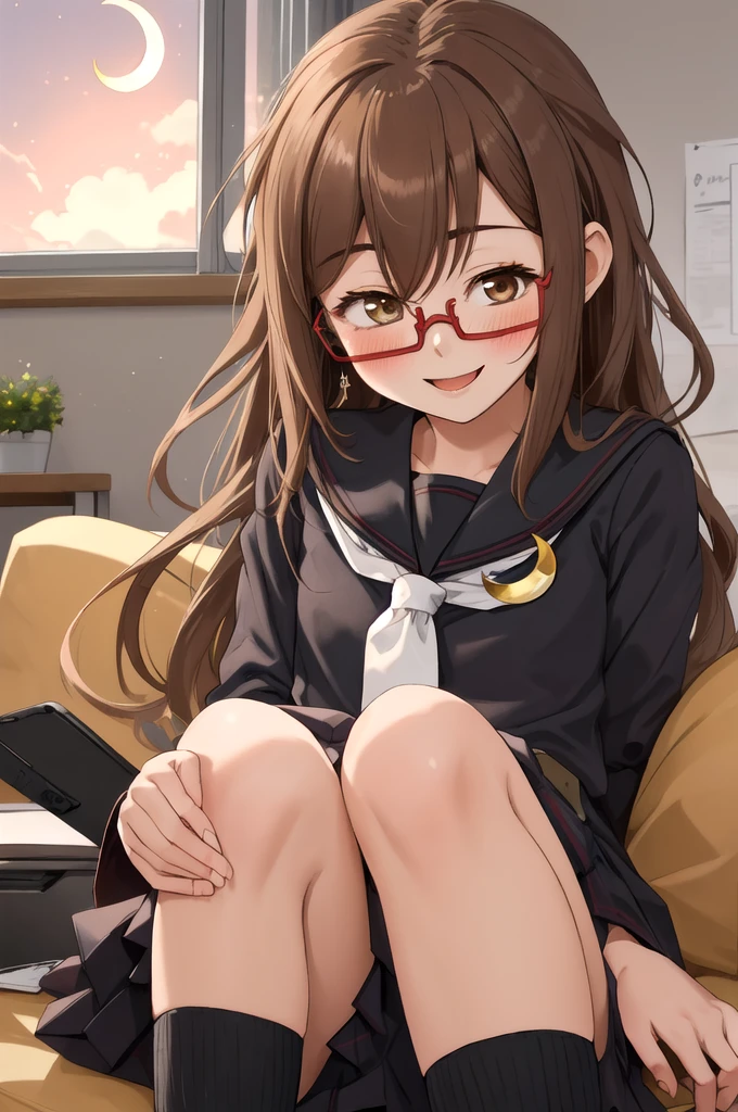 Highest quality, masterpiece, High resolution, alone, {full moon_Fleet Collection:1.15}, Long Hair, Brown Hair, Glasses, brown_eye, red-framed_Glasses, semi-rimless_Glasses, Crescent Moon, black_Seraphim, blush, Under Rim_Glasses, One girl, Closed_eye, Open_mouth, School_uniform, (indoor, office, living room), , blackスカート, smile, (Petite)