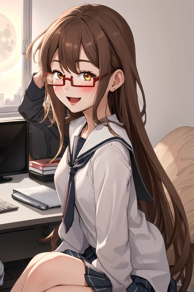 Highest quality, masterpiece, High resolution, alone, {full moon_Fleet Collection:1.15}, Long Hair, Brown Hair, Glasses, brown_eye, red-framed_Glasses, semi-rimless_Glasses, Crescent Moon, black_Seraphim, blush, Under Rim_Glasses, One girl, Closed_eye, Open_mouth, School_uniform, (indoor, office, living room), , blackスカート, smile, (Petite)