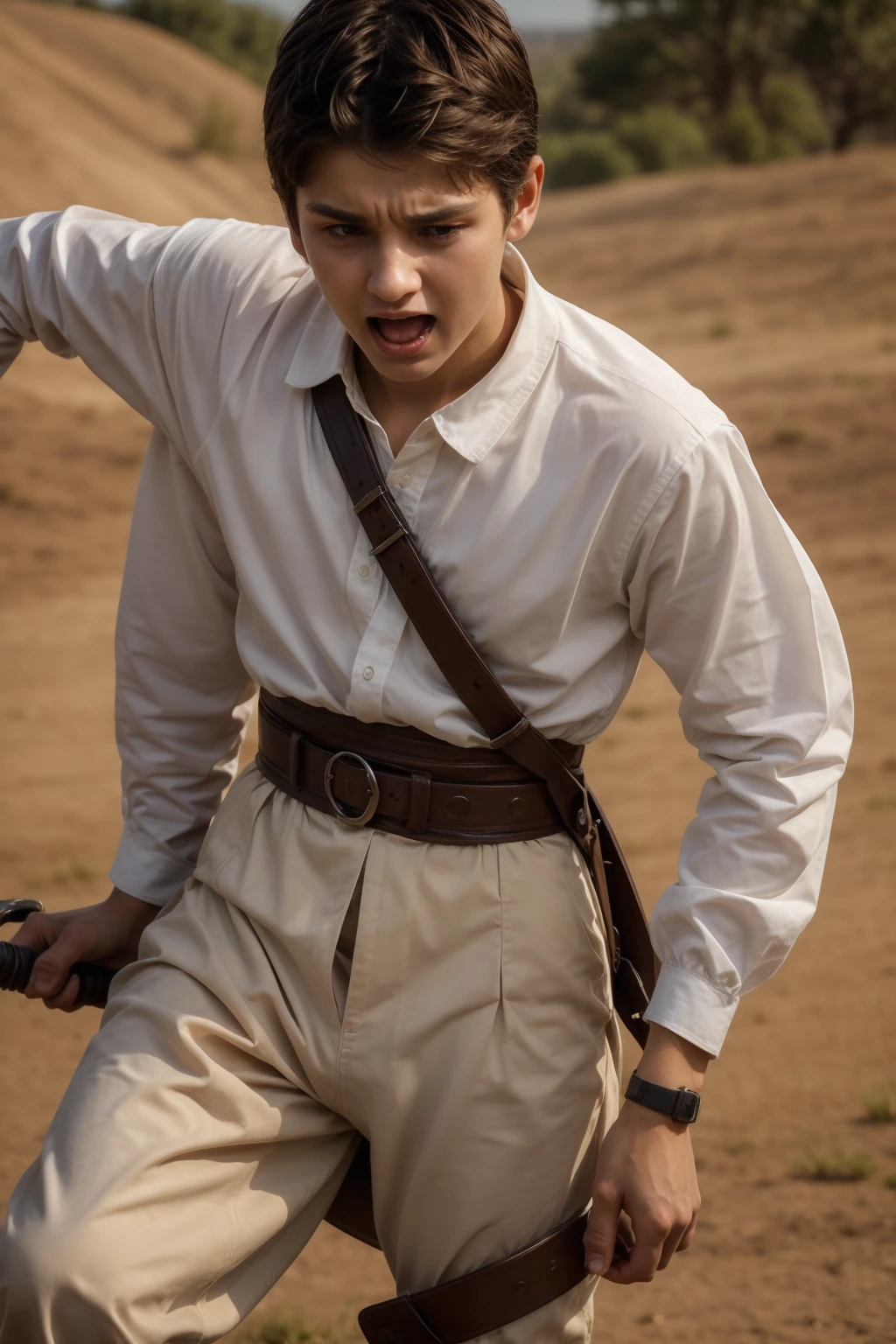 A cute male twink with a face with make-up and black hair. He is wearing a long-sleeved white shirt and brown pants. He is riding a horse and is on the battlefield fighting against the army. He has a sword in his hand and he is holding a shield and he is screaming angrily.