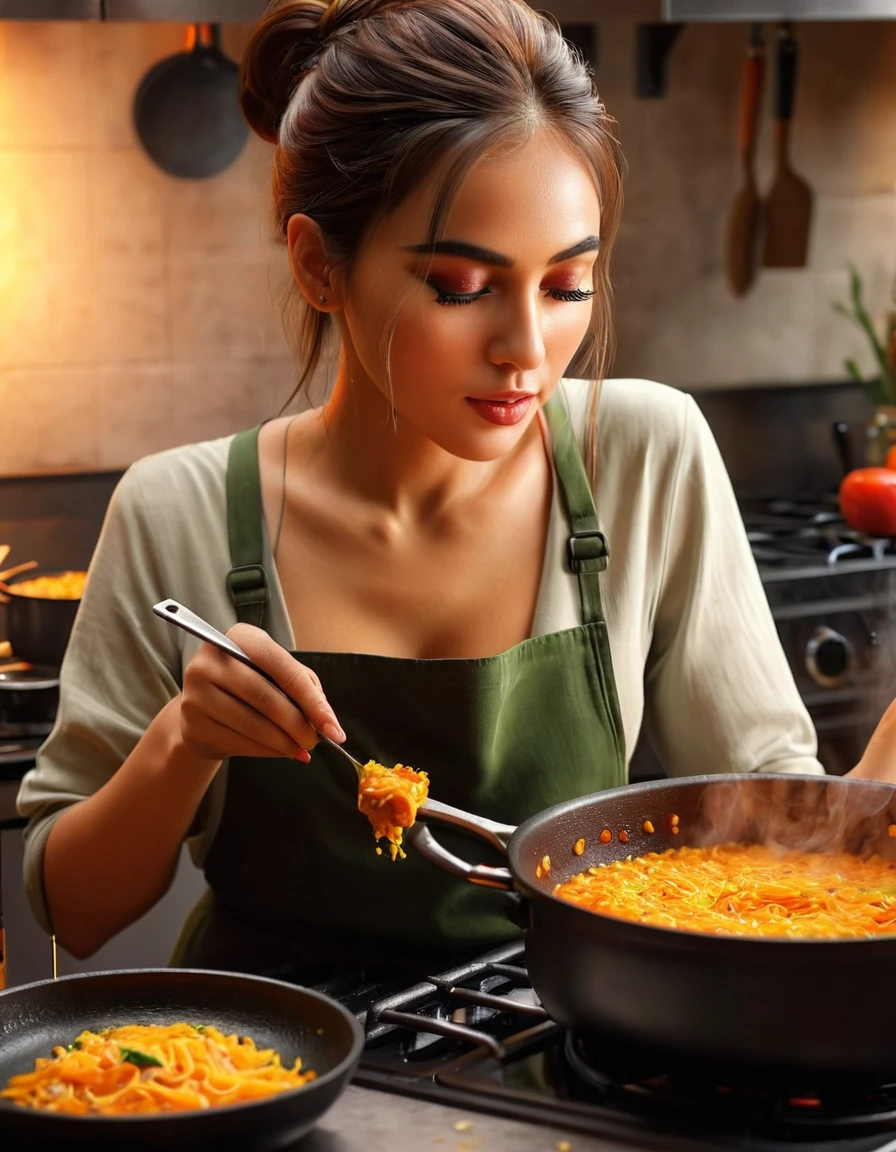 a woman cooking a meal in the kitchen, intricate details, highly realistic, cinematic lighting, warm color tones, cooking utensils, prepared ingredients, steam coming from the pots, focused expression on the woman's face, beautiful detailed eyes, beautiful detailed lips, extremely detailed eyes and face, long eyelashes, 1 woman, oil painting, photorealistic, 8k, best quality, masterpiece, ultra-detailed, physically-based rendering, professional, vivid colors