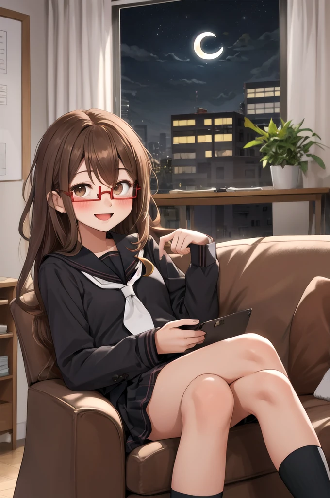 Highest quality, masterpiece, High resolution, alone, {full moon_Fleet Collection:1.15}, Long Hair, Brown Hair, Glasses, brown_eye, red-framed_Glasses, semi-rimless_Glasses, Crescent Moon, black_Seraphim, blush, Under Rim_Glasses, One girl, Closed_eye, Open_mouth, School_uniform, (indoor, office, living room), , blackスカート, smile, (Petite)