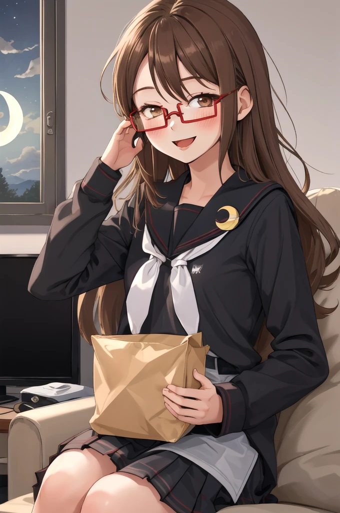 Highest quality, masterpiece, High resolution, alone, {full moon_Fleet Collection:1.15}, Long Hair, Brown Hair, Glasses, brown_eye, red-framed_Glasses, semi-rimless_Glasses, Crescent Moon, black_Seraphim, blush, Under Rim_Glasses, One girl, Closed_eye, Open_mouth, School_uniform, (indoor, office, living room), , blackスカート, smile, (Petite)