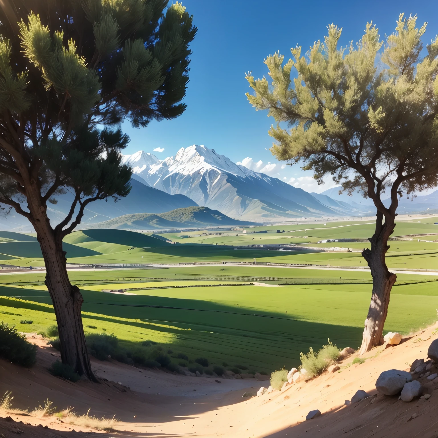 A vast olive tree plantation,it stretches across a long green plain ,mountains in the background ,sunny day