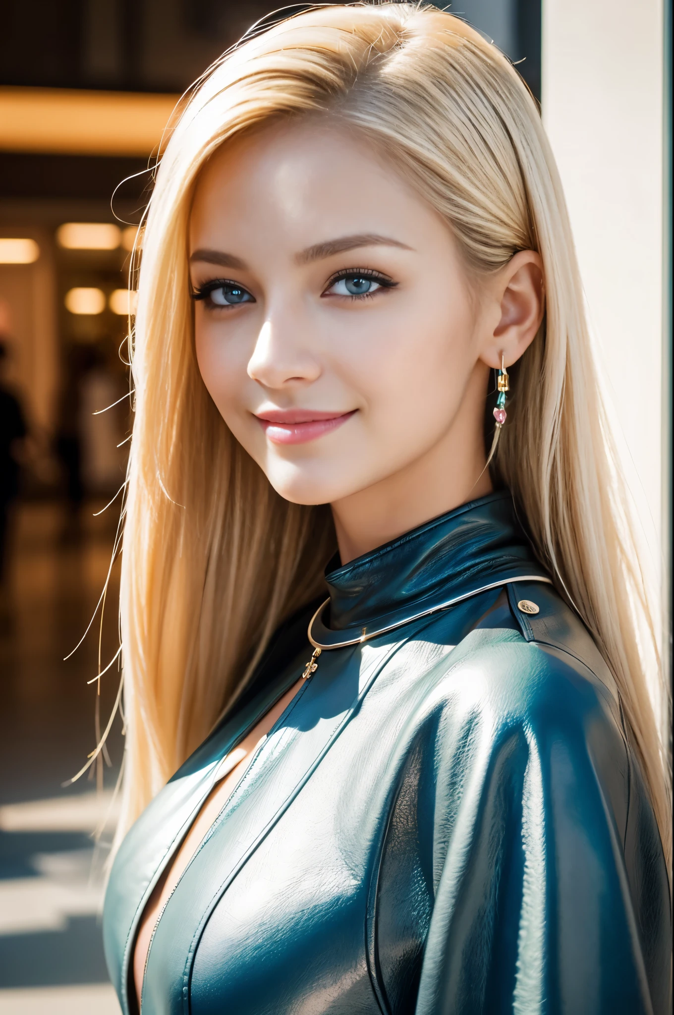 (masterpiece:1.4), (best quality:1.4), 4k, 8k, ultra high res, ultra high resolution, ultra detailed, ((detailed facial features)), HDR, (realistic, photorealistic, photo-realistic:1.37), closeup, sexy seductive Swedish model, (happy smile), (small breasts), (slim girl), long lashes, ultra detailed makeup, defined eyebrows, platinum blonde hair, fair skin, elegant posture, wearing large sparkling colorful jewelry, wearing a business style leather dress, standing in a large shopping mall, gentle sunlight shining through the shopping mall windows, casting a soft glow on her face, adding warmth to the scene, vibrant colors, capturing the essence of vibrant city life, portrait style, showcasing her natural beauty and grace in a feminine way