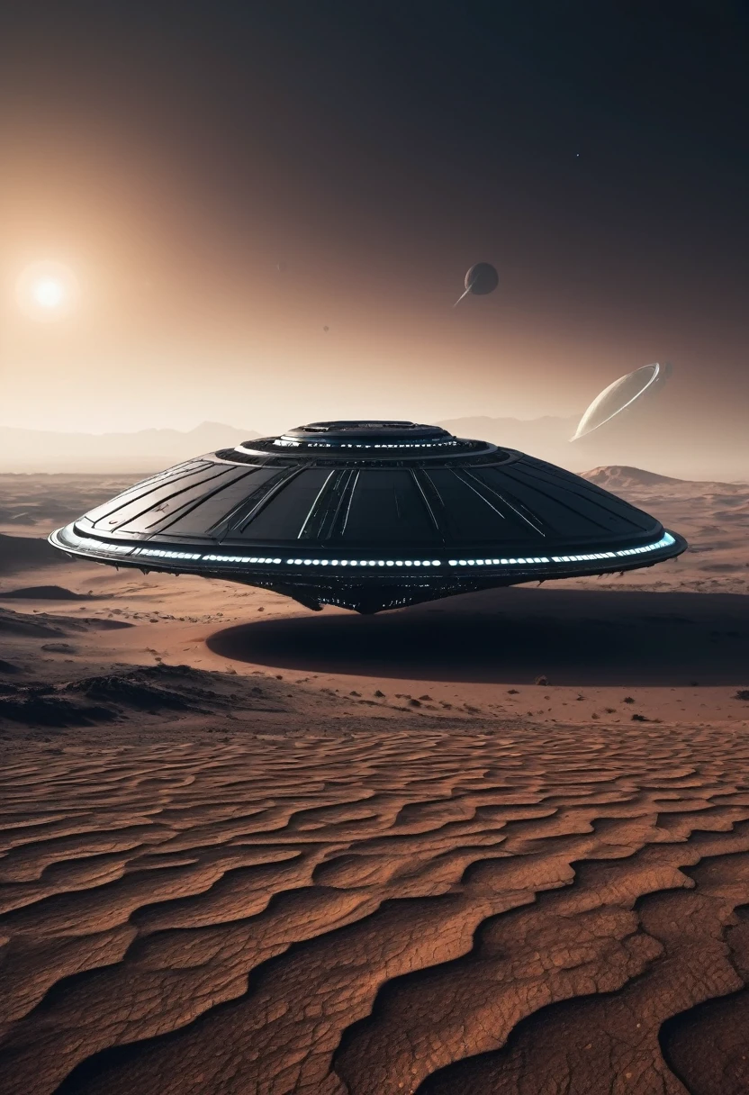 (better quality) Futuristic alien ship landing on desert planet with dark color palette