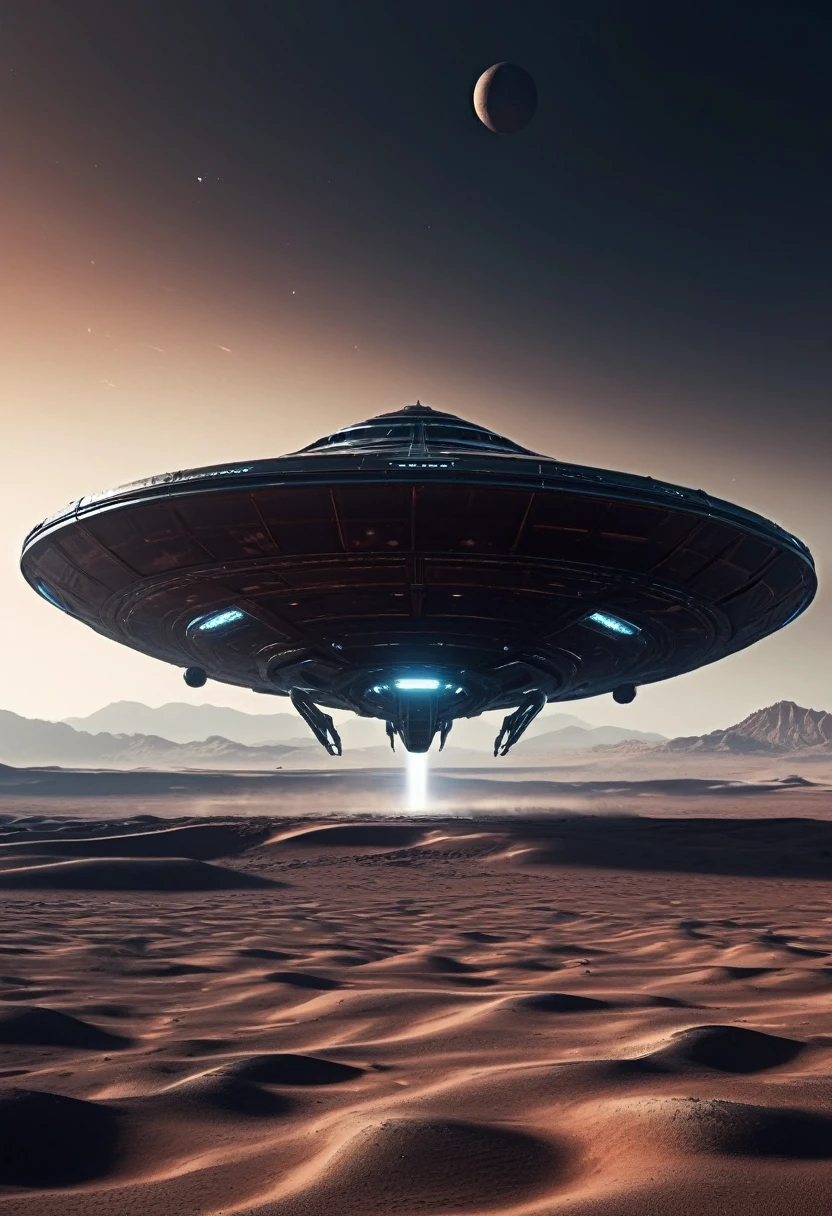 (better quality) Futuristic alien ship landing on desert planet with dark color palette