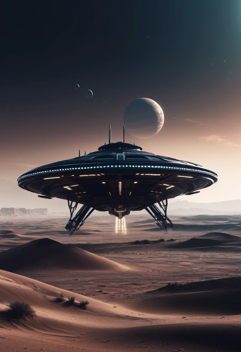 (better quality) Futuristic alien ship landing on desert planet with dark color palette