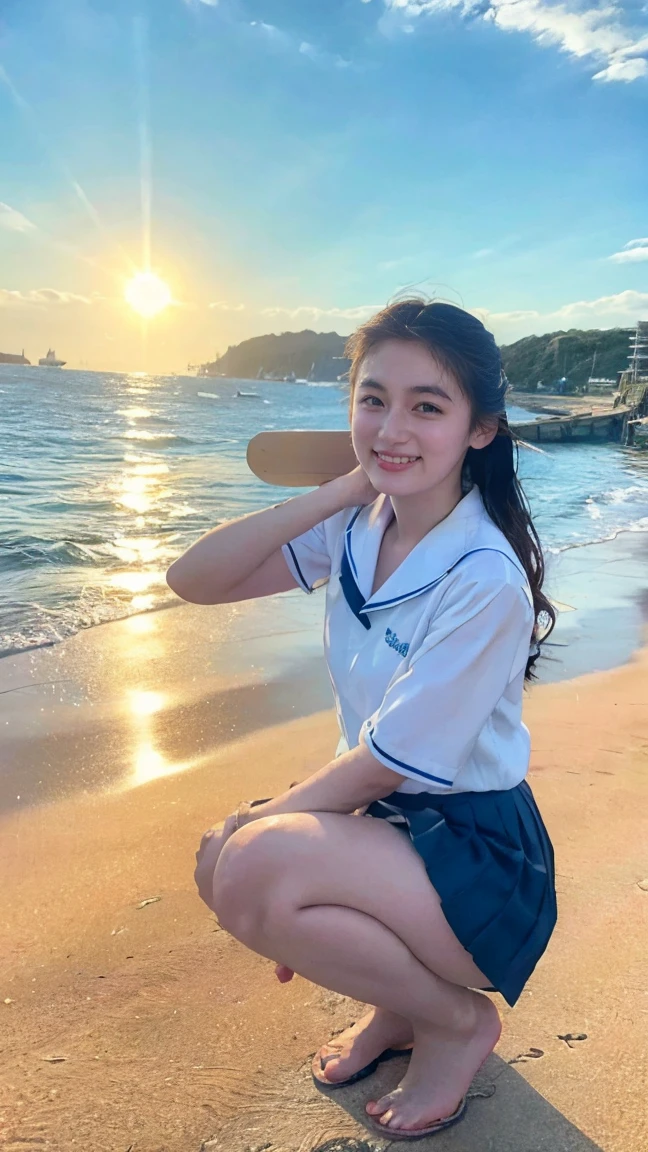 (((sunny day、Japanese 、Beach、A strong wind is blowing、Her hair and skirt are flying、squat, Scooping up seawater and spreading your hands、Traditional navy blue sailor uniform、White blouse、Pleated skirt、Playing in sea water:1.25、splash、Pour water on the camera、smile、Laughter、Sandy Beach、Light of the sun、clear blue sea、The waves crash quietly、blue sky with white clouds、green mountain々、Beautiful Nature、The joy of youth)))、(((Top-down composition:1.33)))、(((8k、Highest quality、masterpiece、Ultra-high resolution)))、(Realistic:1.4)、RAW Photos、(Realistic skin texture:1.3)、(Film Grain:1.3)、((No underwear、Bend one leg))、One Girl、Beautiful and detailed eyes and face、barefoot、