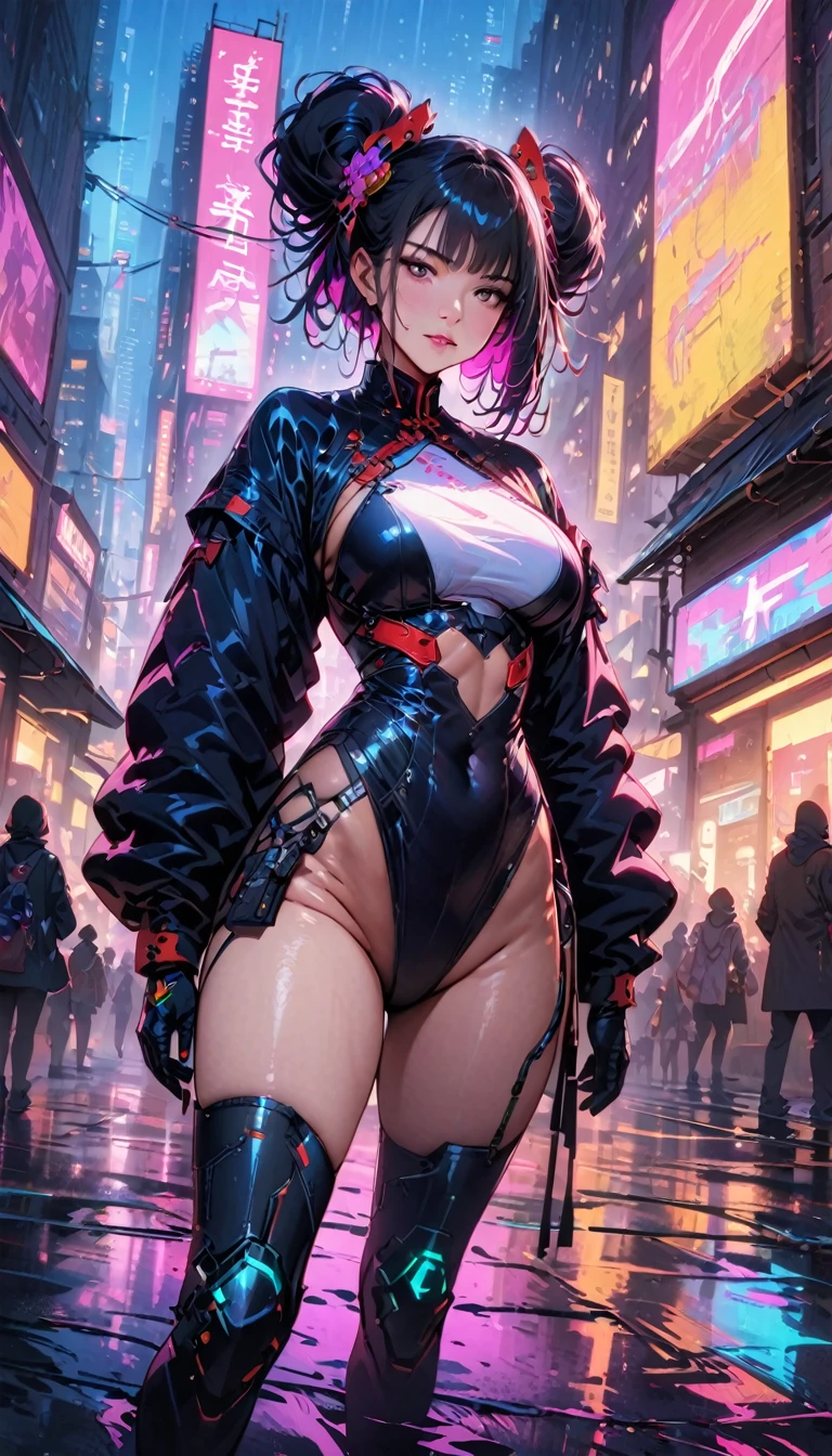 (best quality,4k,highres,masterpiece:1.2),ultra-detailed,(realistic:1.37), Sexy,A girl Chinese costume cyberpunk, (cyberpunk,Chinese clothing,cybernetic implants),looking at camera,hair accessories, bright colors,neon lights,glowing city skyline,Fashion clothing and shoes of the future,A combination of traditional and modern elements,Avant-garde makeup,beautiful breasts,colored inner hair, gradient hair, double bun,Sexual innuendo,confidence and determination,city environment,Metallic feeling,Mechanical armor, Gorgeous accessories,High-tech products,Impressive cybernetic enhancements,Clear focus,gnarly details, Overclocked rendering, Cinematic edge light, fine light, masterpiece, Super details, epic work, ultra high definition, high quality, 32k