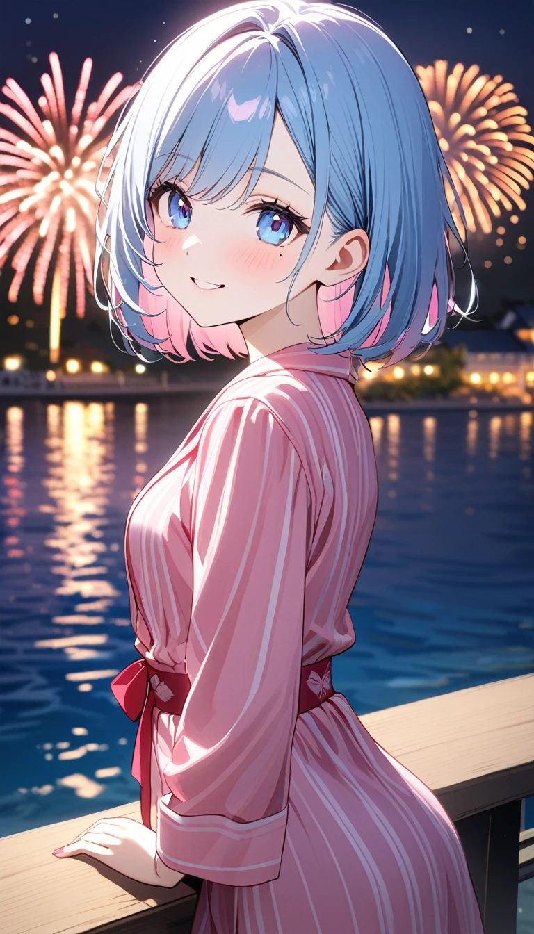 (1 girl),(Best Picture Quality, 8K, Masterpiece:1.3), (high school student:1.5), ((pink lob hair:1.1)), (bob cut),(swept bangs), (cute eyes, pupil black, iris skyblue, youthful face), (mole under right eye), (standard weight), (small breasts), (glistening skin:1.1),(pale skin:1.2),(pink yukata),(fireworks:1.2),((Nymphet fashion)),((summer scene:1.2)),(magnificent view),(overlooking),(Smile).