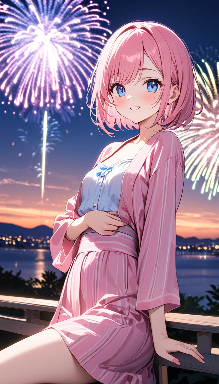 (1 girl),(Best Picture Quality, 8K, Masterpiece:1.3), (high school student:1.5), ((pink lob hair:1.1)), (bob cut),(swept bangs), (cute eyes, pupil black, iris skyblue, youthful face), (mole under right eye), (standard weight), (small breasts), (glistening skin:1.1),(pale skin:1.2),(pink yukata),(fireworks:1.2),((Nymphet fashion)),((summer scene:1.2)),(magnificent view),(overlooking),(Smile).