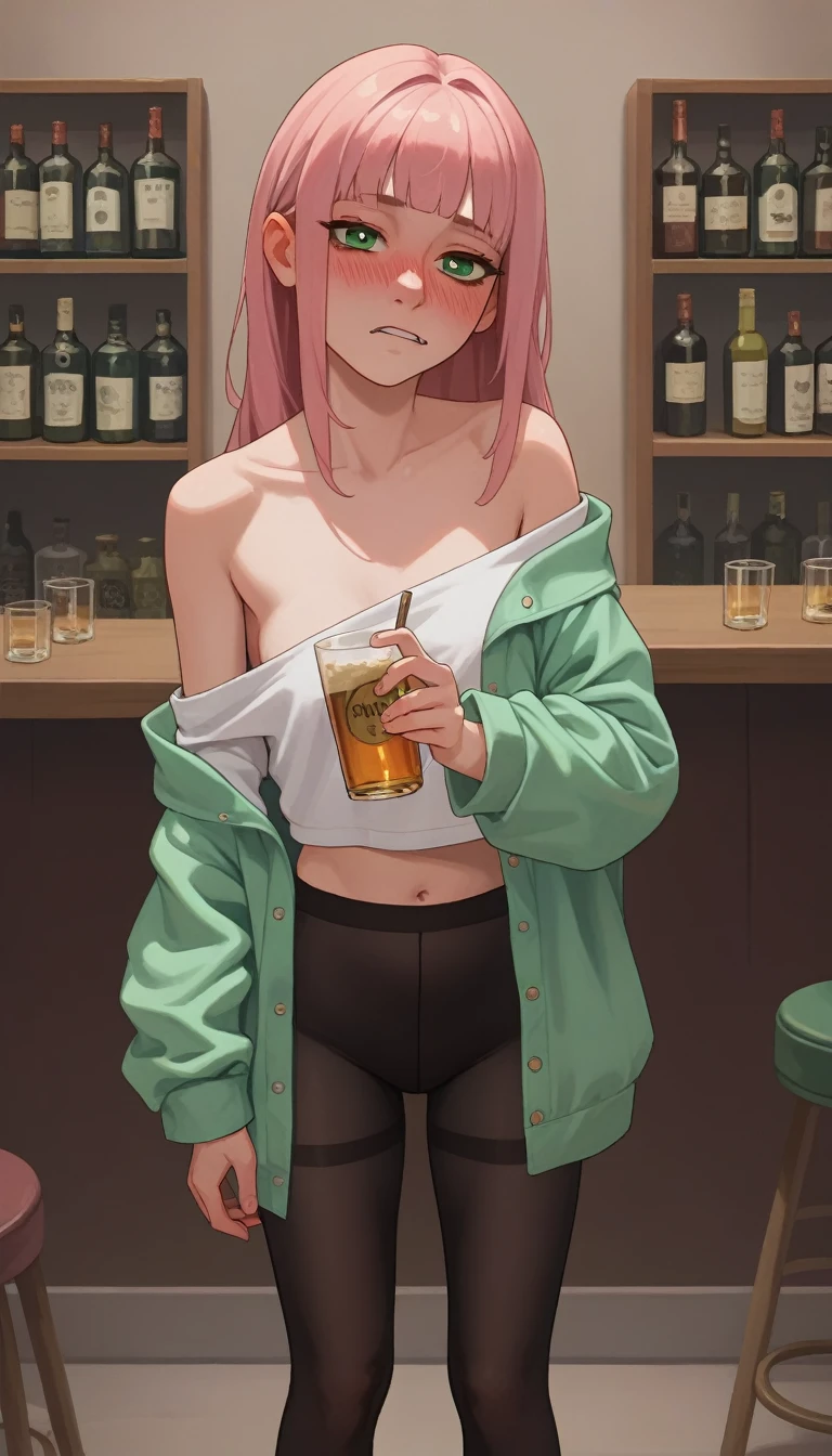 looking at viewer, solo, anya, 1girl, (()), ((very drunk)), ((staggers)), ((drank too much)), ((exhausted)), ((agitated)), ((ate too much)), pink hair, Green eyes, off shoulder, pink pul, black pantyhose, ((standing)),
