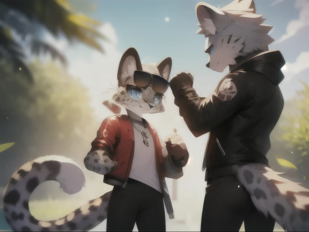 Snow leopard, anthro, wear leather jacket, black pants, Blue eyes, Windsor sunglasses, sunny day, best quality, holding a baseball bat