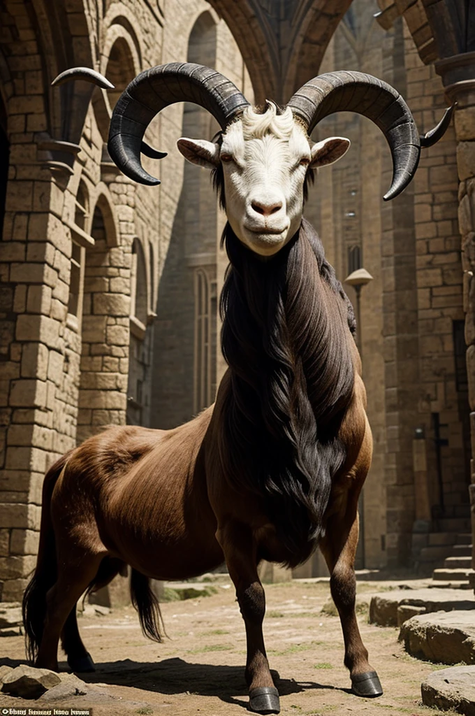 Setting set in medieval times.
Creature with the face of a goat and the body of a human being, giant, very slim build, with thick and sharp horns