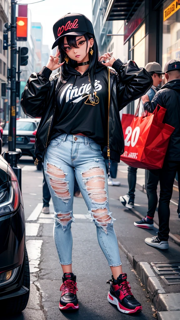 A stunning Asian woman confidently sporting a trendy streetwear outfit, complete with a stylish oversized hoodie, ripped jeans, and fashionable sneakers. Her look is accentuated by bold accessories, like a snapback cap and statement jewelry, blending urban edge with contemporary flair.