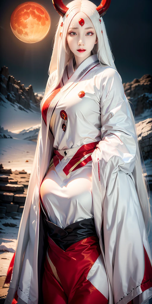 face lighting,bright backlight,super high resolution,best quality,Photos,4k,(Realistic:1.2),huiye,1girl,(kimono:1.1),(the third eye:1.3),horns,(pale skin:1.5),(white hair:1.2),long hair,(night:1.2),
(red moon:1.4),