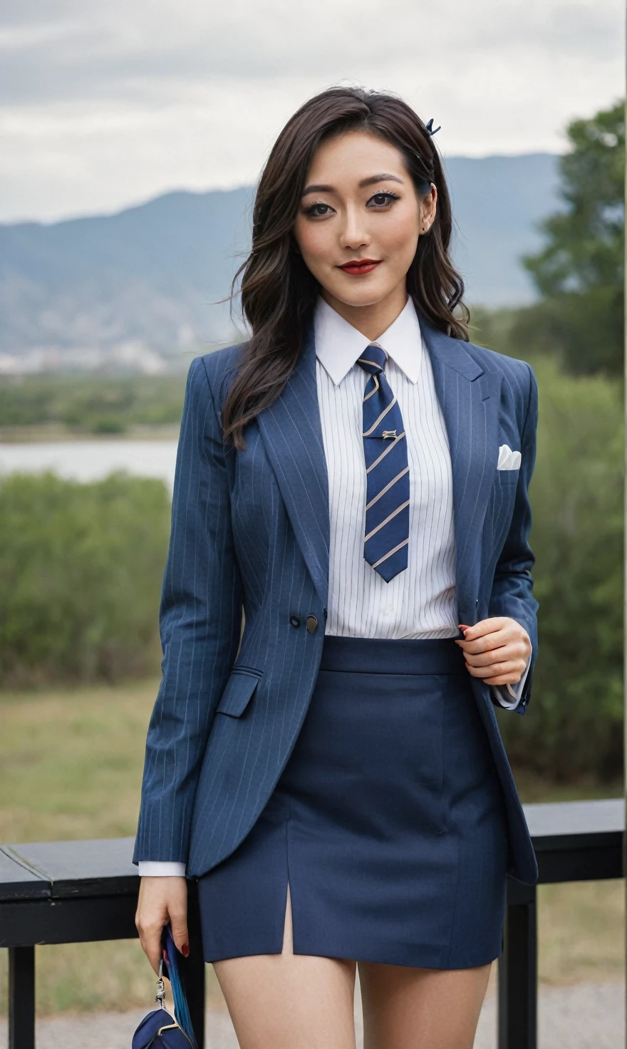 a beautiful picture of fukuharaXL ,woman,detailed skin texture,masterpiece, photorealistic, light, RAW color photo,(fully in frame:1.1), (blush:0.5), (goosebumps:0.5),(((navy pinstripe silk skirt suit))), (((three-piece suit))), (((light blue dress shirt with white collar))), (((necktie))), (((blazer))), (((suit jacket))), ((waistcoat)), double-breasted waistcoat, (((bodycon miniskirt))), pocket square, cufflinks, tie clip,detailed face,outdoors, (smile:0.5), film grain,cinematic lightning,fujifilm ,detailed eyes,camera, smile, office background, hair down, makeup, lipstick, mascara, eyeliner, eyeshadow, silky glossy hair, high heels, pinup pose