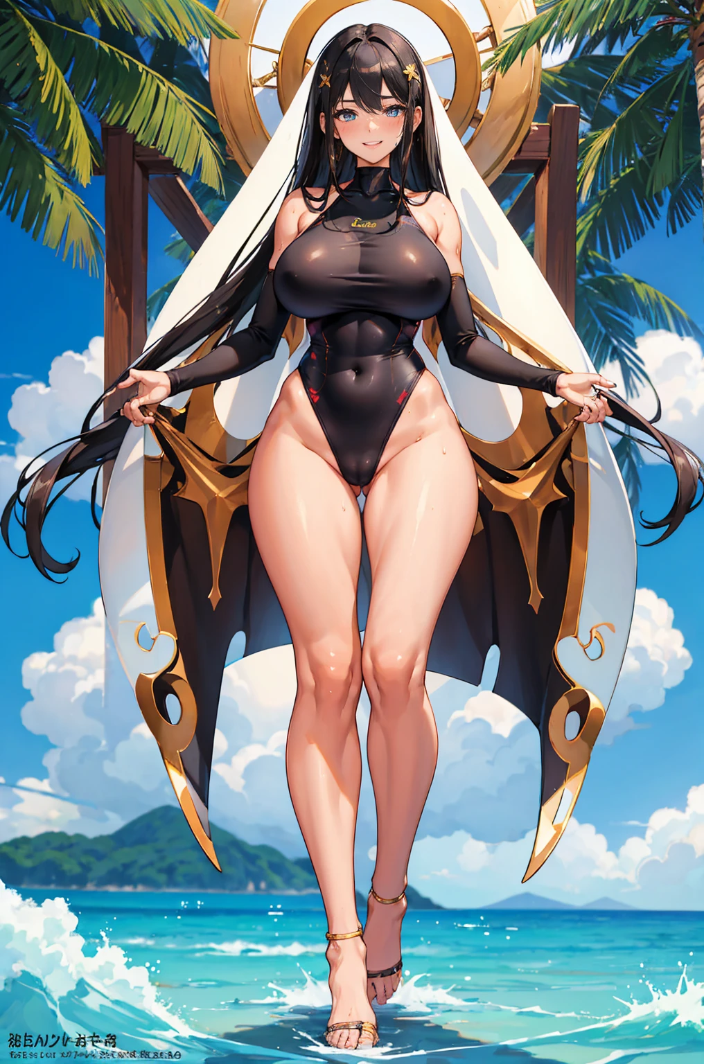 masterpiece, best quality, hyper detailed, good anatomy, perfect anatomy,long hair, big breasts,, Expectant smile,black hair,beautiful face, blush,beautiful eyes,20years old,milf,perfect hands, perfect fingers, lighting,full body,looking at viewer,sweat,(white one-piece swimsuit),beach,(tanned skin),