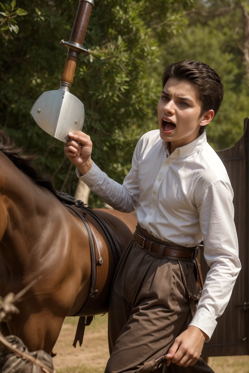 A cute male twink with a face with make-up and black hair. He is wearing a long-sleeved white shirt and brown pants. He is riding a horse and is on the battlefield fighting against the army. He has a sword in his hand and he is holding a shield and he is screaming angrily.