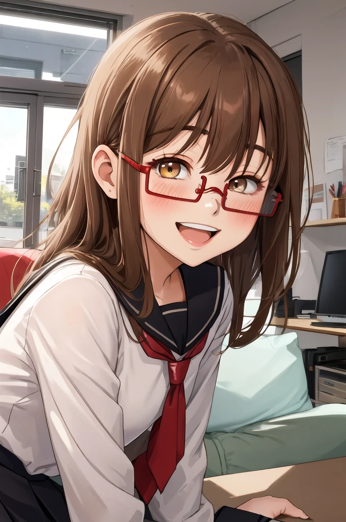 Highest quality, masterpiece, High resolution, alone, {full moon_Fleet Collection:1.15}, Long Hair, Brown Hair, Glasses, brown_eye, red-framed_Glasses, semi-rimless_Glasses, Crescent Moon, black_Seraphim, blush, Under Rim_Glasses, One girl, Closed_eye, Open_mouth, School_uniform, (indoor, office, living room), , blackスカート, smile, (Petite)