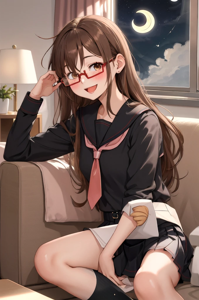 Highest quality, masterpiece, High resolution, alone, {full moon_Fleet Collection:1.15}, Long Hair, Brown Hair, Glasses, brown_eye, red-framed_Glasses, semi-rimless_Glasses, Crescent Moon, black_Seraphim, blush, Under Rim_Glasses, One girl, Closed_eye, Open_mouth, School_uniform, (indoor, office, living room), , blackスカート, smile, (Petite)