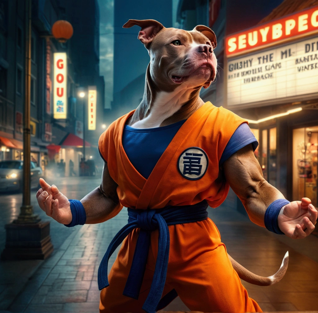 a pitbull dog,in a Goku outfit,striking a dramatic pose,in front of a store,ultra realistic,photorealistic,highly detailed,dynamic,cinematic lighting,vibrant colors,masterpiece