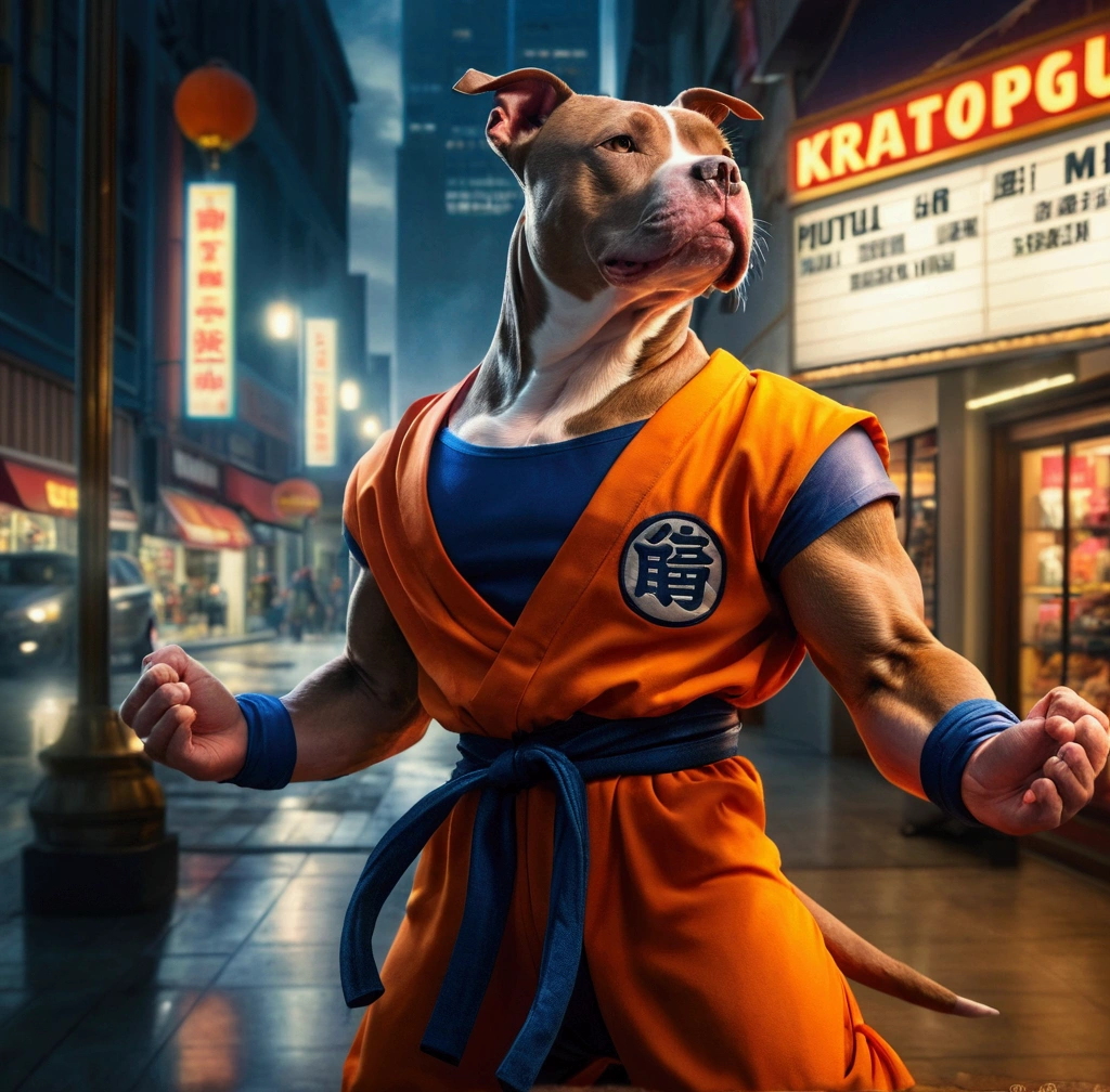 a pitbull dog,in a Goku outfit,striking a dramatic pose,in front of a store,ultra realistic,photorealistic,highly detailed,dynamic,cinematic lighting,vibrant colors,masterpiece