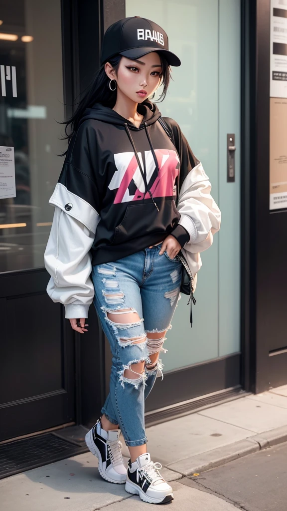 A stunning Asian woman confidently sporting a trendy streetwear outfit, complete with a stylish oversized hoodie, ripped jeans, and fashionable sneakers. Her look is accentuated by bold accessories, like a snapback cap and statement jewelry, blending urban edge with contemporary flair.