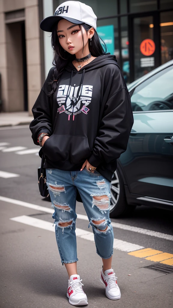 A stunning Asian woman confidently sporting a trendy streetwear outfit, complete with a stylish oversized hoodie, ripped jeans, and fashionable sneakers. Her look is accentuated by bold accessories, like a snapback cap and statement jewelry, blending urban edge with contemporary flair.