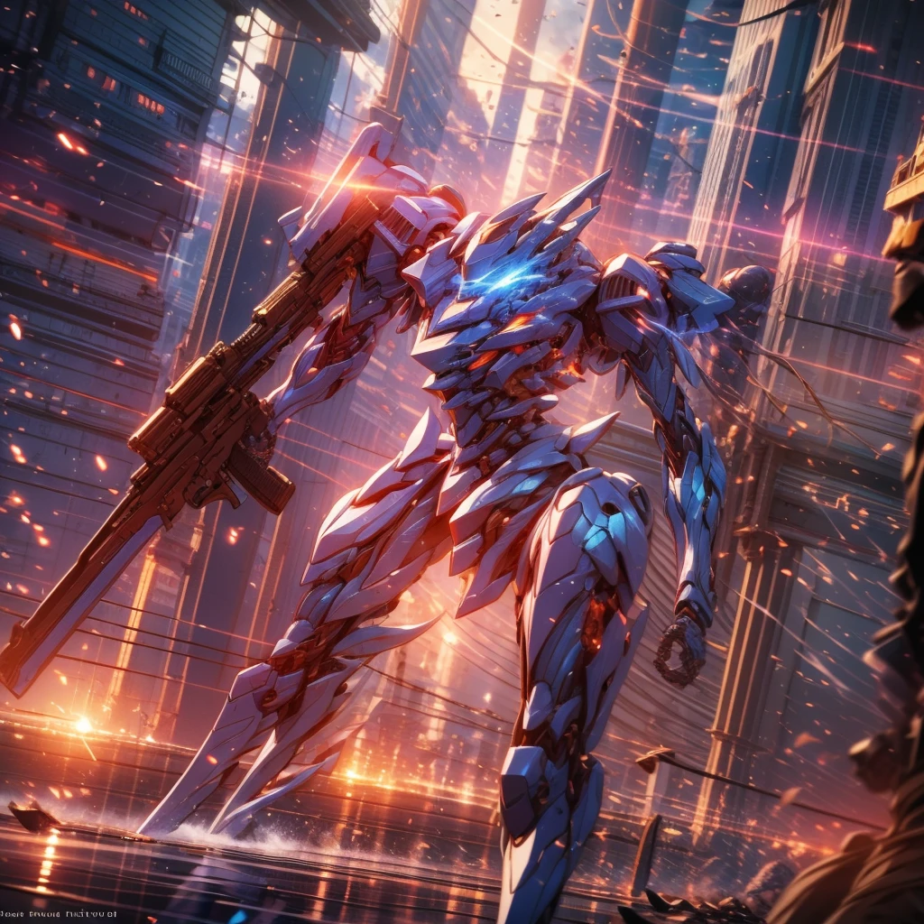 (Obra de arte, melhor qualidade:1.5)Mech branco e azul com detalhes dourados, médio, segurando uma sniper grande. Extremely detaild, 8K, HDR, natural light, cinematic lighting, masterpiece-anatomy-perfect, Ultra HD, (Battlefield:1.5), RAW photo, metallic, professional, ultra-fine painting, perfect body proportions, anatomically correct, uhd, real texture material, Anti-Aliasing, FKAA, TXAA, SSAO, Post Processing, Post Production, Tone Mapping, CGI, VFX, SFX, Hyper maximalist, Volumetric, ultra photorealultra-detailed intricate details.