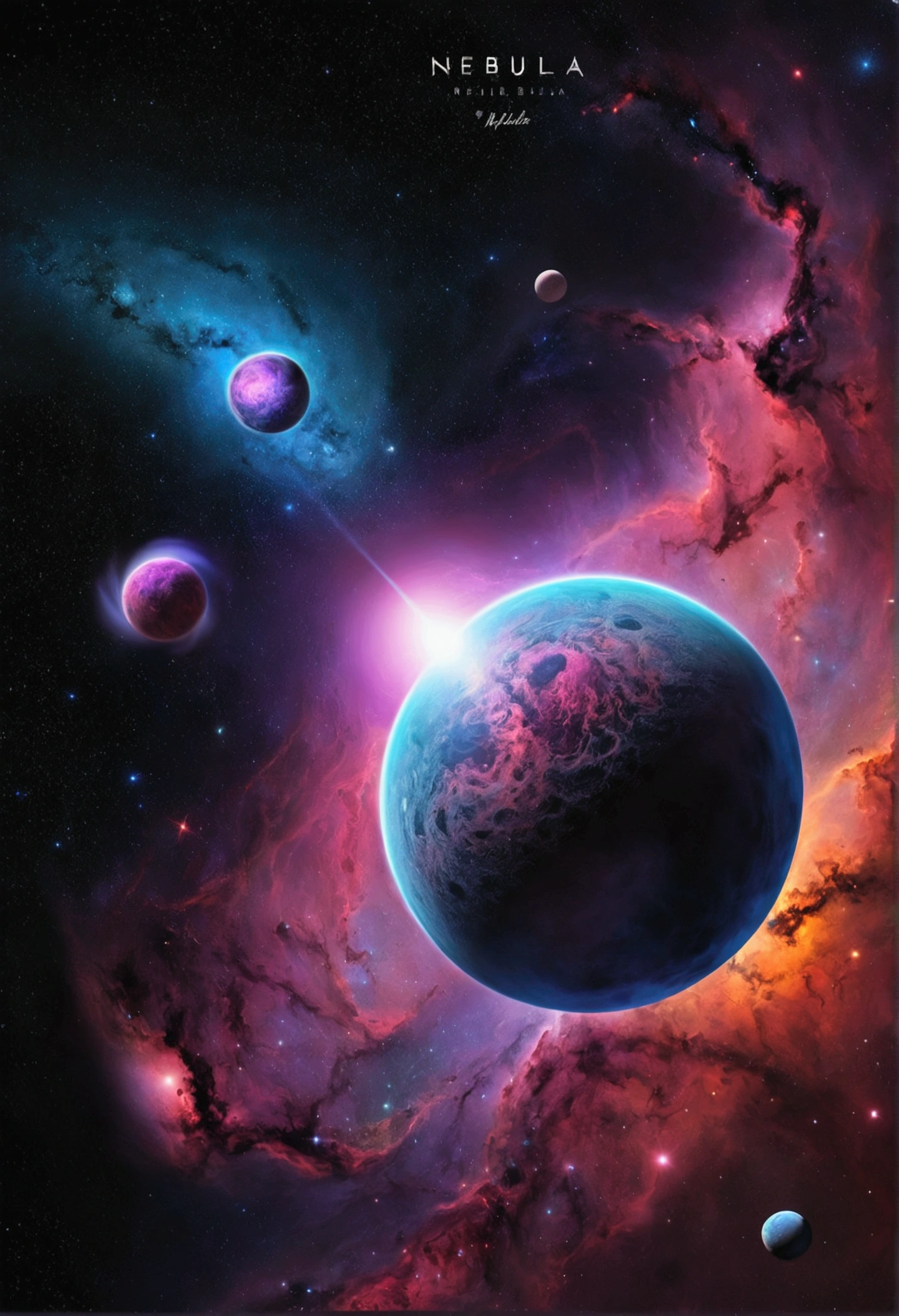 album cover, nebula, sombra de nebula, criatura em formato de nebula, small planets, universe