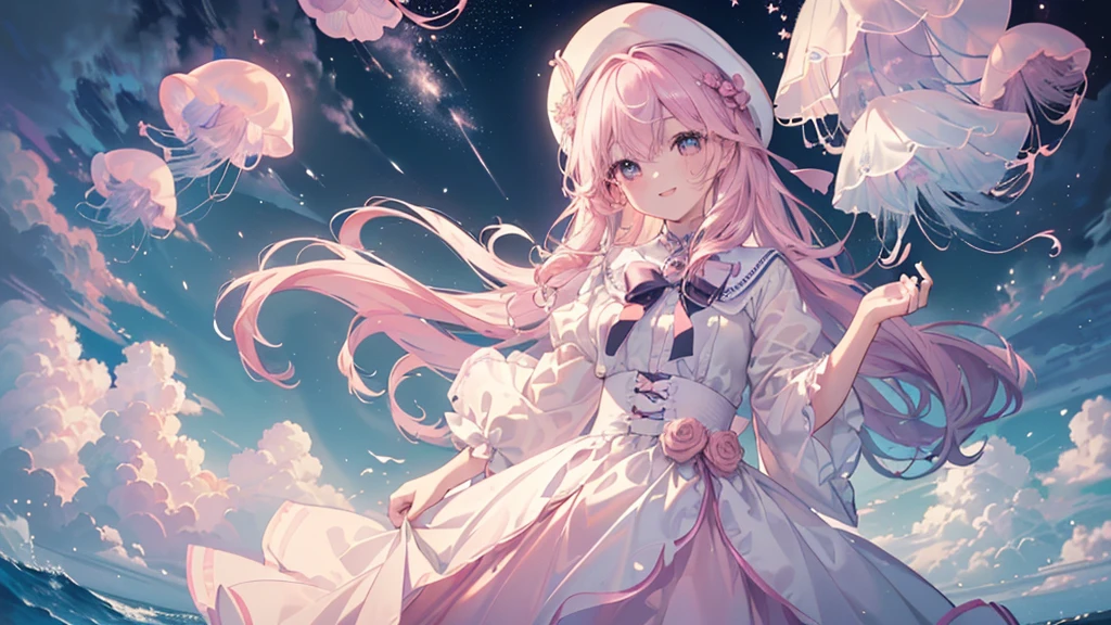 cloud jellyfish,(((Highest quality、masterpiece、Ultra-fine、Ultra-fine、Exquisite、16K、Full HD,Asahi,high school girl,))) 、Dark Eyes、Long eyelashes、White skin、(Pale pink lips、Pale pink cheeks、thin and long)、 ((cute)) ((One person)) 、((The best smile)) 、(Wide Shot、epic proportion)、