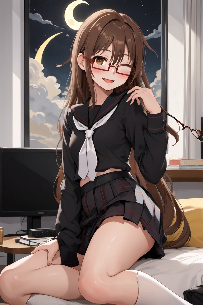 Highest quality, masterpiece, High resolution, alone, {full moon_Fleet Collection:1.15}, Long Hair, Brown Hair, Glasses, brown_eye, red-framed_Glasses, semi-rimless_Glasses, Crescent Moon, black_Seraphim, blush, Under Rim_Glasses, One girl, Closed_eye, Open_mouth, School_uniform, (indoor, office, living room), , blackスカート, smile, (Petite),((nsfw)), Flat Chest