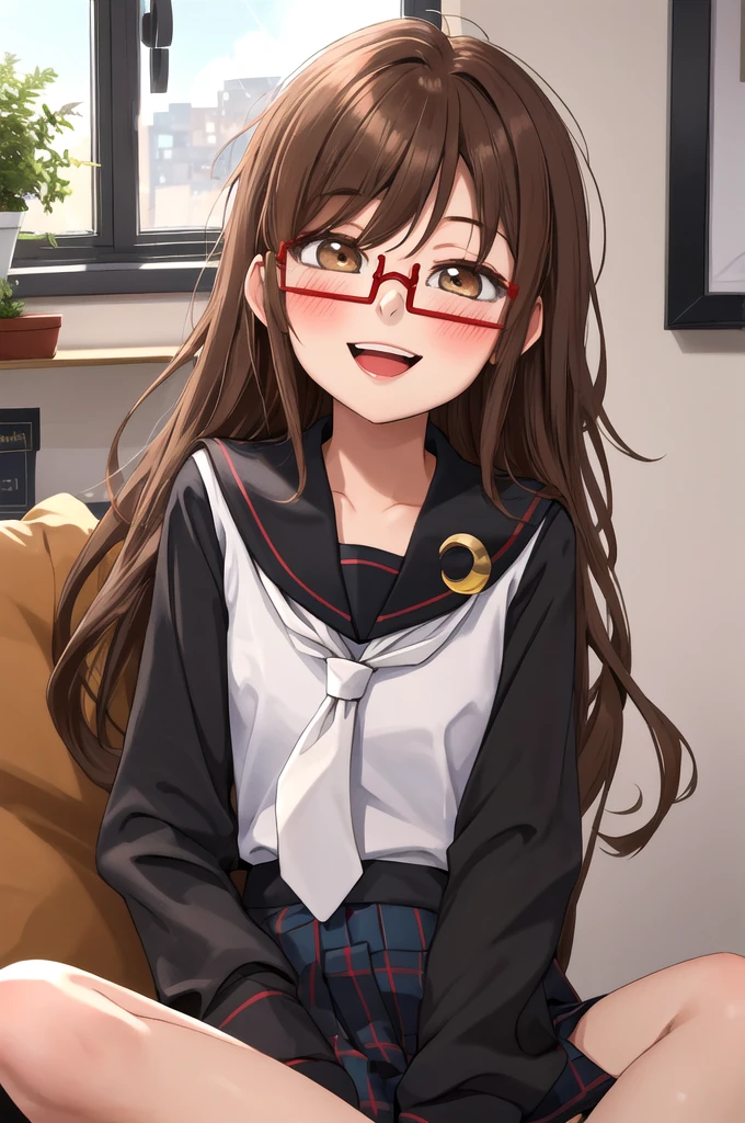 Highest quality, masterpiece, High resolution, alone, {full moon_Fleet Collection:1.15}, Long Hair, Brown Hair, Glasses, brown_eye, red-framed_Glasses, semi-rimless_Glasses, Crescent Moon, black_Seraphim, blush, Under Rim_Glasses, One girl, Closed_eye, Open_mouth, School_uniform, (indoor, office, living room), , blackスカート, ^_^, eggplant, smile