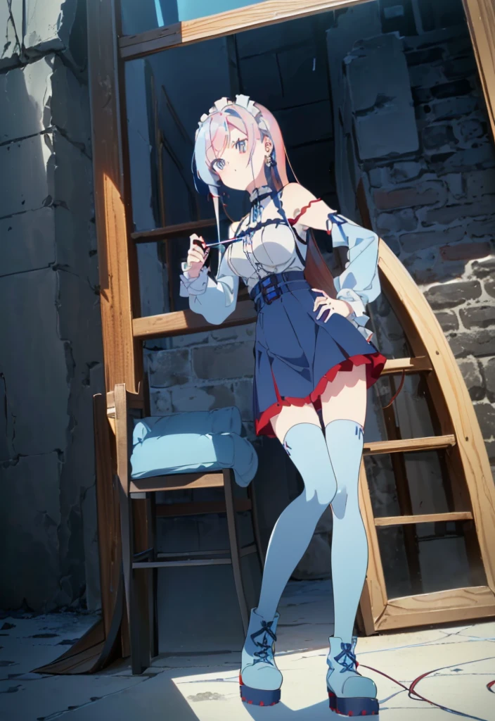 ((split-color hair , red hair , light blue hair)),[(cathedral background:1.4)::5],original,(illustration:1.1),(best quality),(masterpiece:1.1),(extremely detailed CG unity 8k wallpaper:1.1), (colorful:0.9),(mid shot:0.95),(full body:1.5),Dynamic angle,(solo:1.2), (girl),((adult)), (detailed beautiful eyes:1.15), (beautiful face:1.15), (glowing red eyes:1.25////),((medium hair)),((split-color hair , red hair , light blue hair)),(high twintails),(chignon),(+perfect hand+:1.21),(Draw an illustration of a gothic girl),(Religious),(slender),(is wearing boots on her feet),((is wearing white maid clothes)),(furious), Lace Off-shoulder lolita fashion,beautiful slender woman,high twintails,full body,mini skirt,((split-color hair , red hair , light blue hair)),((black long boots)),((mini skirt)),((adult)),((dynamic angle)),((split-color hair , red hair , light blue hair)),((split-color hair , red hair , light blue hair)),((black long boots)),((black long boots)),((split-color hair , red hair , light blue hair)),((split-color hair , red hair , light blue hair)),