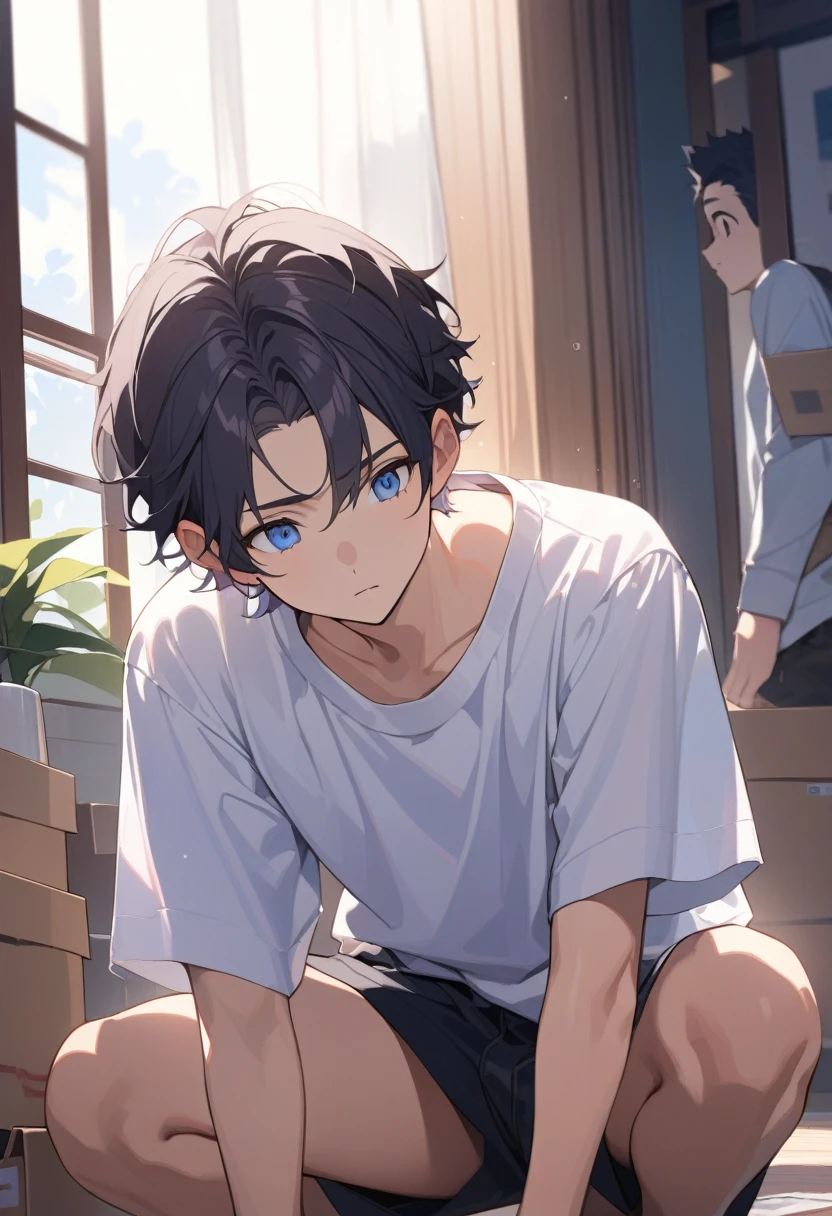 masterpiece, best quality, extremely detailed, ultra detailed, flat anime, 2D,
((1boy)),black hair, (short hair:1.5),blue eyes, height 1.7meters,  (circle eyes:1.2),  (young adult:1.2), Ear-length sideburns,
long Sleeves, White T-shirt, barefoot, 
squatting, looking away, expressionless,monologue,
summer, 12AM, livingroom,organizing the boxes., I'm looking at the material in my hand.