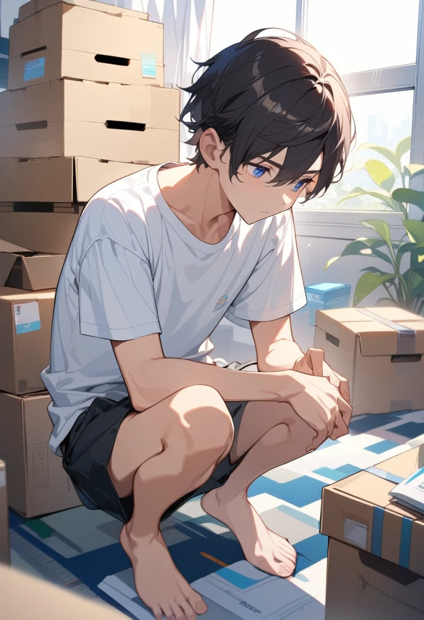 masterpiece, best quality, extremely detailed, ultra detailed, flat anime, 2D,
((1boy)),black hair, (short hair:1.5),blue eyes, height 1.7meters, (circle eyes:1.2), (young adult:1.2), Ear-length sideburns,
long Sleeves, White T-shirt, barefoot,
squatting, looking away, expressionless,monologue,
summer, 12AM, livingroom,organizing the boxes., I'm looking at the material in my hand.