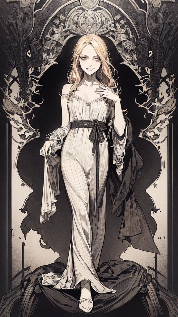 Highest quality, (Background details), High Contrast, Very beautiful  , Detailed original illustrations,very small stature、、Villain、gnome, Wavy platinum blonde hair、 Delicate face,  Spoiled brat、White sundress、Real breasts, Flat Chest、Wicked Smile, Evil Eye, Black background, (Black background: 1. 5), Beautiful line art, Monochrome