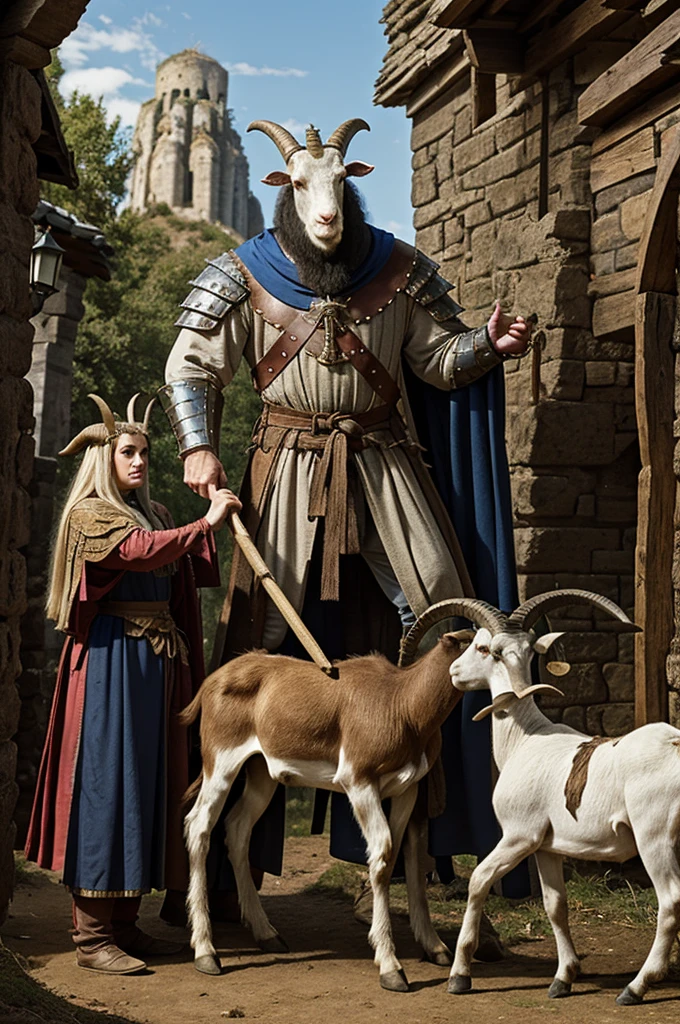 Setting set in medieval times.
Creature with the head of a goat and the body of a human, giant, very delegated, with thick and sharp horns dressed in old and torn clothes