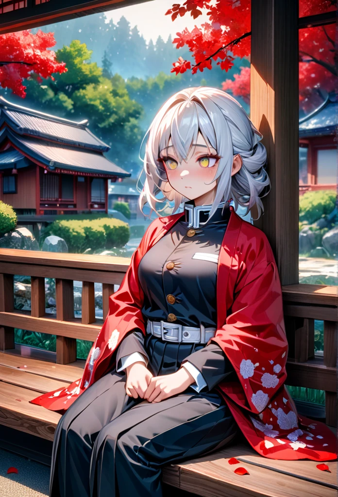Ultra detailed, high resolution, absurd, HDR, masterpiece, anime girl, beautiful woman, long white hair with red streaks, expressive yellow eyes, red haori, black demon slayer uniform, wearing black pants,Kimetsu No Yaiba, fantasy , petals, red flowers, beautiful, woman sitting alone on a wooden bench, alone, afternoon, sun, forest next to a Japanese house, best quality, extremely detailed face and eyes, expressionless, apathetic, deep dark circles under the eyes of someone who hasn't slept, looking tired