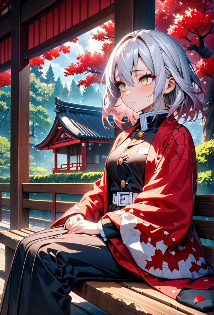 Ultra detailed, high resolution, absurd, HDR, masterpiece, anime girl, beautiful woman, long white hair with red streaks, expressive yellow eyes, red haori, black demon slayer uniform, wearing black pants,Kimetsu No Yaiba, fantasy , petals, red flowers, beautiful, woman sitting alone on a wooden bench, alone, afternoon, sun, forest next to a Japanese house, best quality, extremely detailed face and eyes, expressionless, apathetic, deep dark circles under the eyes of someone who hasn't slept, looking tired